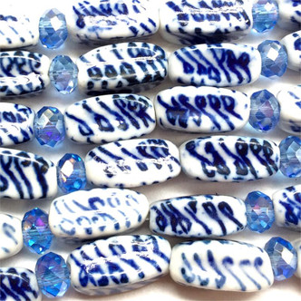 Blue White China Decorative Motif 13x6mm Rectangle Ceramic Beads Per Strand