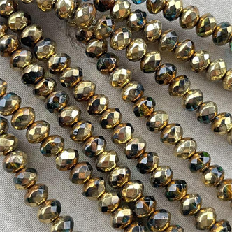 Czech Glass Faceted Rondelle Gilded Emerald 7x5mm Fire Polish 25 Glass Beads Per Strand