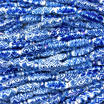 Blue White China Decorative Diamond Motif 20x6mm Rectangle Oval Ceramic Beads Per Strand