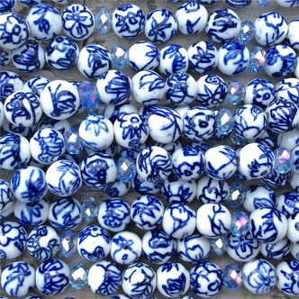 Blue White China Mixed Flower Motif 8mm Round Ceramic Beads Per Strand