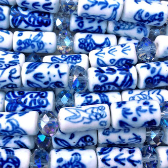 Blue White China Fish Motif 14x7mm Tube Cylinder Ceramic Beads Per Strand