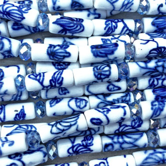 Blue White China Flower Motif 16x6mm Tube Cylinder Ceramic Beads Per Strand