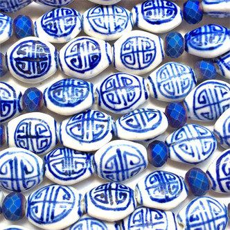 Blue White China Maze Motif 15x12.5mm Vase Ceramic Beads Per Strand