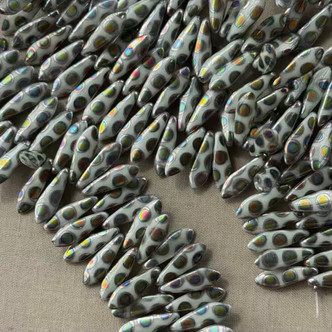16x5mm Czech Glass Dagger Drop Beads Silver Sage Dots 50Pcs Per Strand
