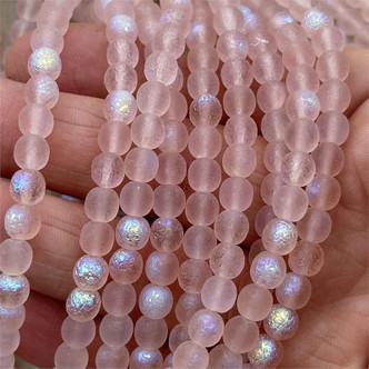 6mm Etched Druk Pink AB Czech Glass Round 25 Beads Per Strand