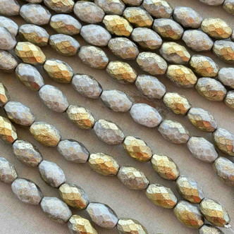 Faceted Oval Fire Polish Czech Glass Beads 12x8mm Etched Gilded Ivory 12 Pcs Per Strand