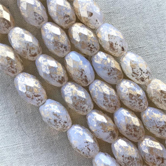 Faceted Oval Fire Polish Czech Glass 12x8mm White Bronze Wash 11-12 Beads Per Strand