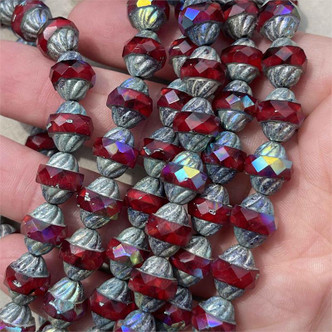 Turbine Bicone Czech Glass 12x10mm Holly Berry Silver Wash 15 Beads Per Strand