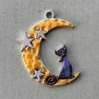 Ichabod Cat in the Moon Pendant Halloween Artisan Hand Painted Per Pc