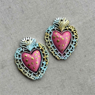 Amy Sacred Heart Crown Charms Antique Art Deco Style Artisan 30x22mm 4Pcs