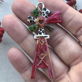 Abilene Red Leopard Christmas Holiday Vintage Windmill Hand Painted Artisan Pendant