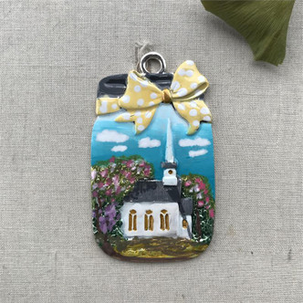 CLEARANCE Spring Church Scene Mason Jar With Bow Pendant Artisan Hand Painted Per Pc
