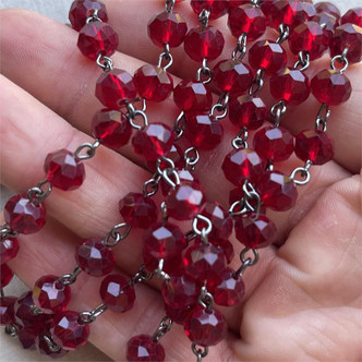 Garnet Red Beaded Rosary Chain 8mm Crystal Gunmetal Plated Per Foot