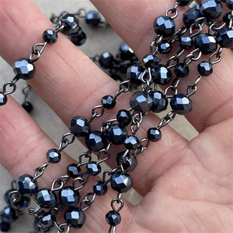 Neverless Black Beaded Rosary Chain 4mm & 6mm Crystal Rondelle Gunmetal Plated Per Foot