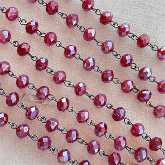 Garnet Satin Red Beaded Rosary Chain 8mm Crystal Gunmetal Plated Per Foot