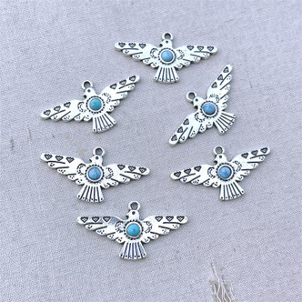 Thunderbird Charm Southwestern Silver Plated 30x15mm Faux Turquoise Charms 6pcs Per Pkg
