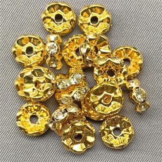 Clear Crystal Rhinestone Rondelle Bright Gold Plated Copper 8mm Beads Q20 per Pkg