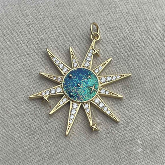 Sun Pave CZ Enamel 14KT Gold Plated Copper 34x27mm Per Pc