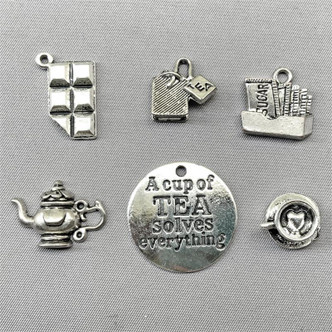 It's Always Tea Time Mixed Charm Bundle Antique Silver Plated Q6 Per Pkg