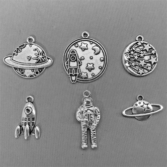 Oh My Stars and Planets! Mixed Charm Bundle Antique Silver Plated Metal Alloy Q6 Per Pkg