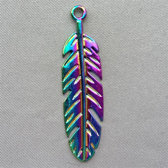 Bird Feather Charms 50x13mm Peacock Multicolor Plated Q2 per Pkg
