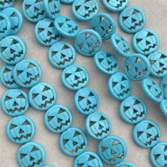 15mm Small Turquoise Pumpkin Jack-o'-lantern Halloween Carved Magnesite Beads Per Strand