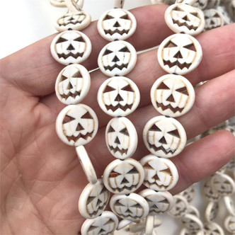 15mm Small White Pumpkin Jack-o'-lantern Halloween Carved Magnesite Beads Per Strand