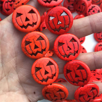 25mm Large Orange Pumpkin Jack-o'-lantern Halloween Carved Magnesite Beads Per Strand