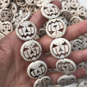 25mm Large White Pumpkin Jack-o'-lantern Halloween Carved Magnesite Beads Per Strand