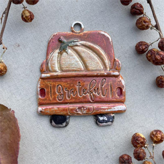 Russet Grateful Truck with Pumpkin Autumn Fall Artisan Hand Painted Pendant Per Pc