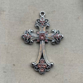 75x50mm Rosaline Rhinestone Cross Pendant Patina Antique Silver Metal Per Pc