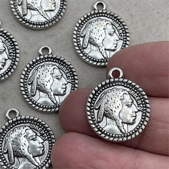 American Indian Nickel Coin Charm 22x18mm Silver Plated 6pcs Per Pkg