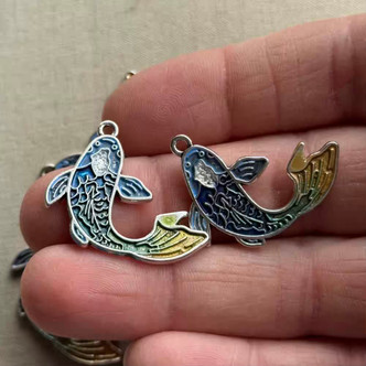 Shusui Blue Koi Fish Charms Artisan Hand Painted 30x18mm 4Pcs