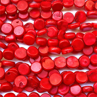 Dyed Red Bamboo Coral Small Coin Semi Precious Beads per Strand