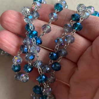 Moody Blues Beaded Rosary Chain 8mm Crystal Rondelle Antique Silver Plated Per Foot