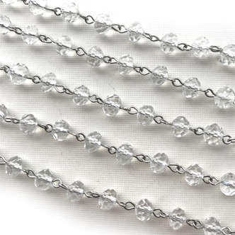 Crystal Quartz Beaded Rosary Chain 8mm Crystal Rondelle Antique Silver Plated Per Foot
