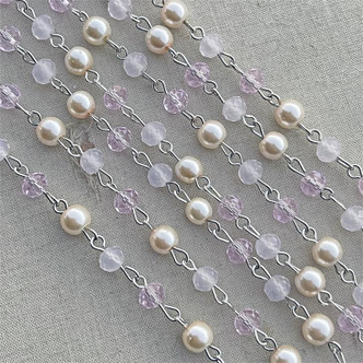 Blossom Pink Beaded Rosary Chain 6mm Crystal Pearl Antique Silver Plated Per Foot