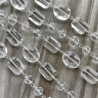 Clear Crystal Beaded Rosary Chain Multi Shape Large Size Oval Rectangle Antique Silver Plated Per Foot