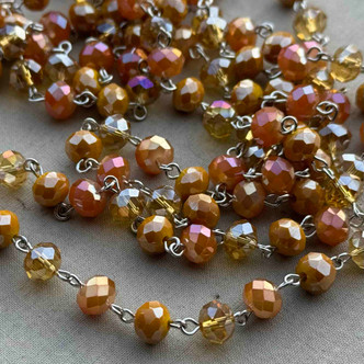 Amber Glow Beaded Rosary Chain 8mm Crystal Rondelle Antique Silver Plated Per Foot