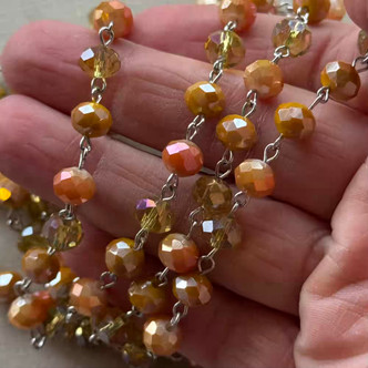 Amber Glow Beaded Rosary Chain 8mm Crystal Rondelle Antique Silver Plated Per Foot