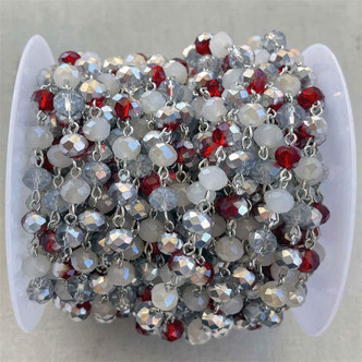 All That Glitters Red Beaded Rosary Chain 8mm Crystal Rondelle Antique Silver Plated Per Foot
