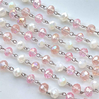 Pink Dogwood Beaded Rosary Chain 8mm Crystal Rondelle Antique Silver Plated Per Foot