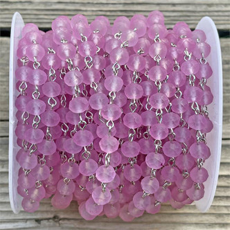 Rose Quartz Frosted Beaded Rosary Chain 8mm Crystal Rondelle Antique Silver Plated Per Foot