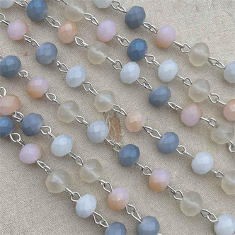 Heirloom Frosted Beaded Rosary Chain 8mm Crystal Rondelle Antique Silver Plated Per Foot