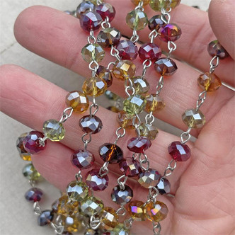 Autumn Potpourri Beaded Rosary Chain 8mm Crystal Rondelle Antique Silver Plated Per Foot