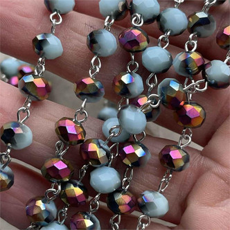 Blue Jewel Beaded Rosary Chain 8mm Crystal Antique Silver Plated Per Foot
