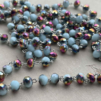 Blue Jewel Beaded Rosary Chain 8mm Crystal Antique Silver Plated Per Foot