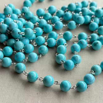 Turquoise Trails Beaded Chain 8mm Blue Magnesite Stone Rosary Antique Silver Plated Per Foot