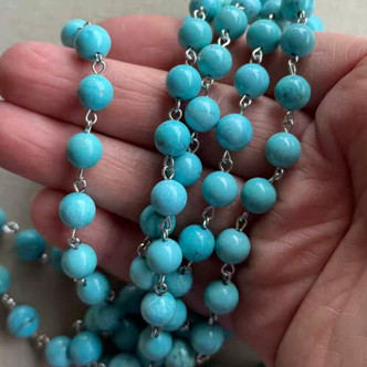 Turquoise Trails Beaded Chain 8mm Blue Magnesite Stone Rosary Antique Silver Plated Per Foot
