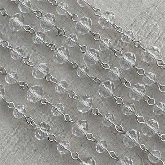 Crystalmore Clear Beaded Rosary Chain 6mm & 8mm Crystal Rondelle Silver Plated Per Foot